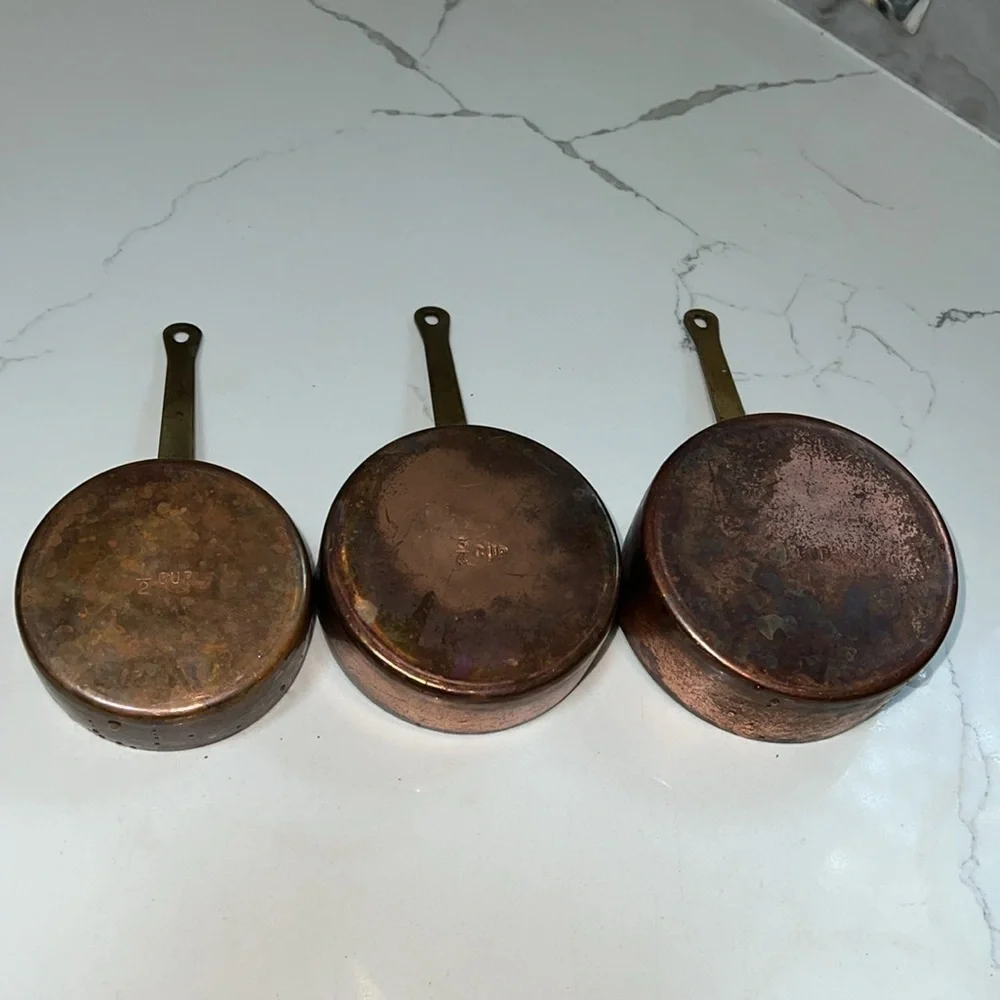 Set of 3 French Antique Copper Measuring Cups with Brass Handle